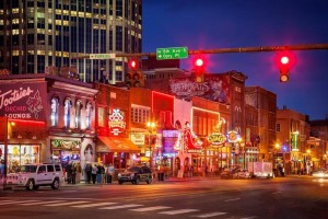 Twilight over Broadway Street in downtown Nashville Tennessee, USA.