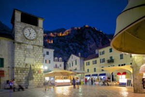 Old Town Clock Tower and Fort at dusk, Old Town, UNESCO World Heritage Site, Kotor, Montenegro, Europe